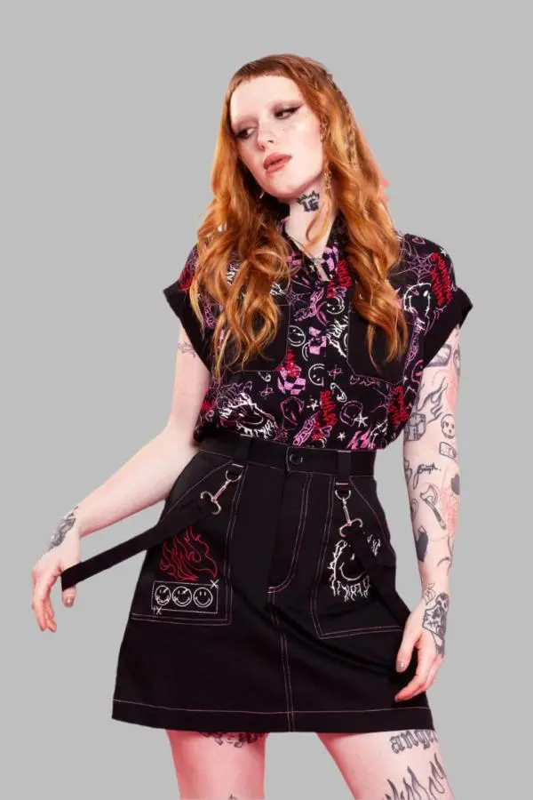 Hell Bunny Women's Dylan Embroidery Motif Mini Skirt in Black 