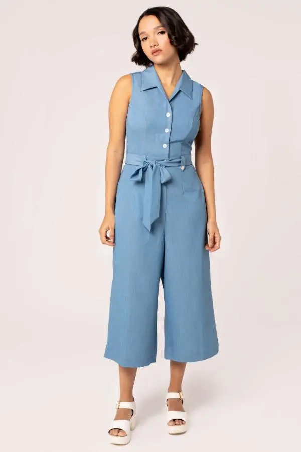 Hell Bunny Women's Rylee 1940's Style Sleeveless Jumpsuit Blue 