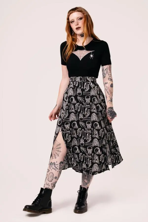 Hell Bunny Women's Anatomy Bold Black Bone Artwork Midi Skirt 