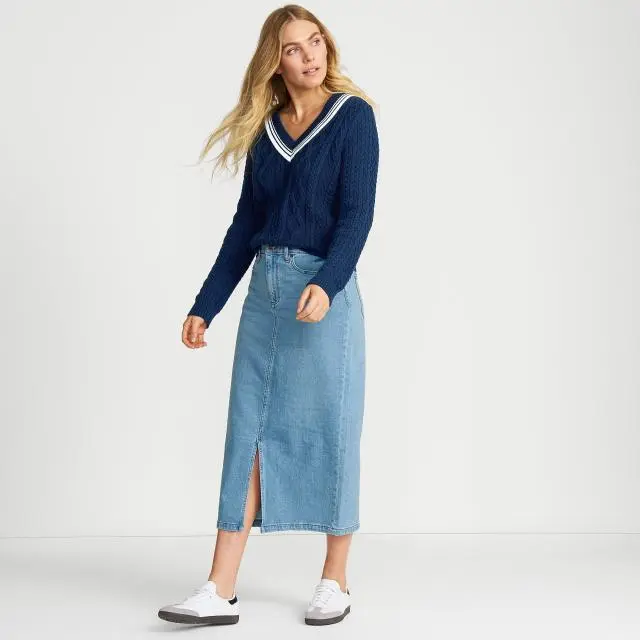 Lands' End Women's Soft Denim Midi Skirt in Indigo 