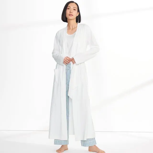 Lands' End Women's Long Sleeve Cotton Dressing Gown, Mid-calf Length in White | Size: 10-12