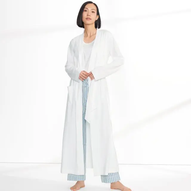 Lands' End Women's Petite Long Sleeve Cotton Dressing Gown, Mid-calf Length in White 