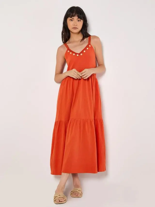 Bead Embellished Cotton Midaxi Dress
