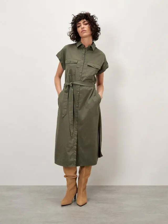 Apricot Women's Cotton Slub Midi Shirt Dress in Khaki 