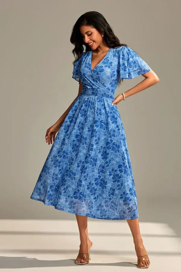 Jolie Moi Women's Flutter Sleeve Mesh Maxi Dress in Blue 