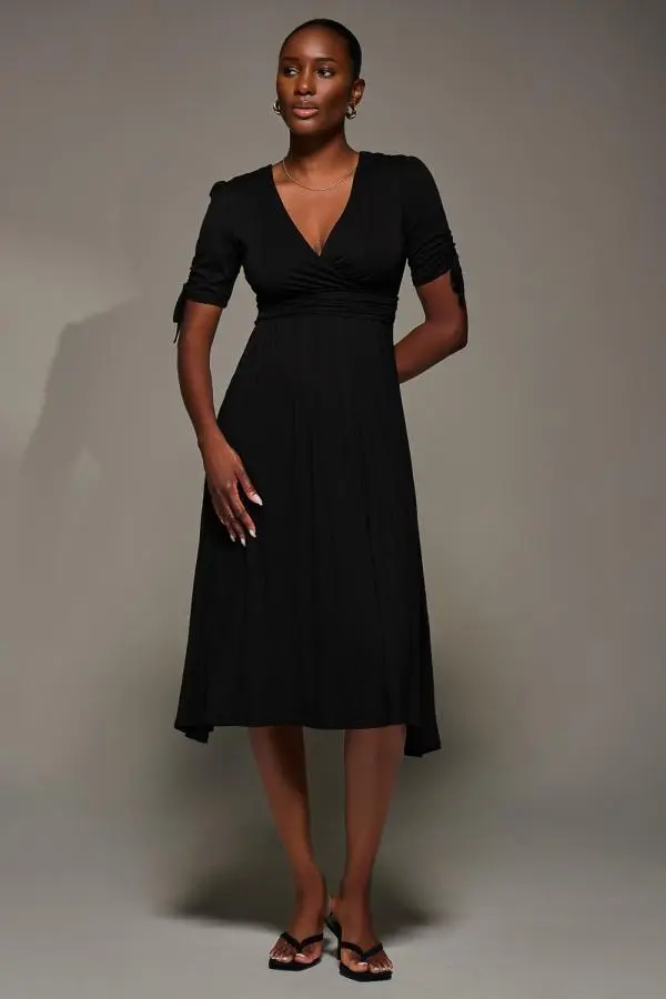 Jolie Moi Women's Jersey Tie Sleeve Wrap Front Midi Dress in Black 