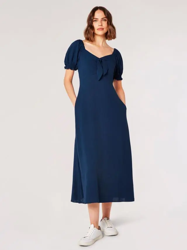 Apricot Women's Tie Detail Milkmaid Midaxi Dress in Navy 