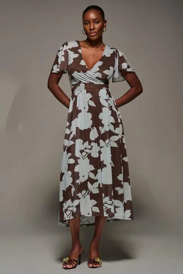 Jolie Moi Women's Mesh Short Sleeve Midaxi Dress in Brown 