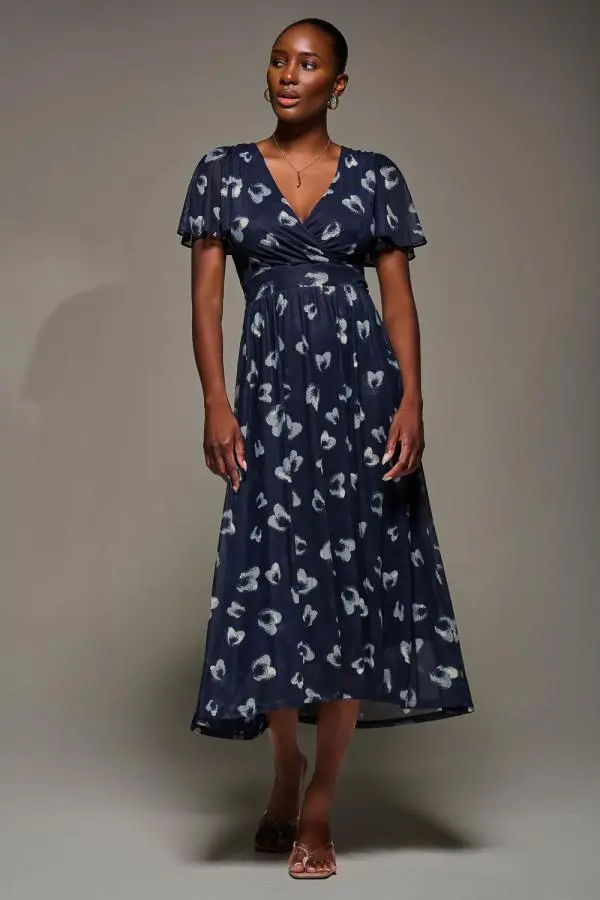 Jolie Moi Women's Mesh Short Sleeve Midaxi Dress in Dark Blue 