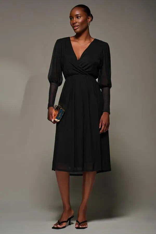 Jolie Moi Women's Mesh Long Puff Sleeve Wrap Midi Dress in Black 