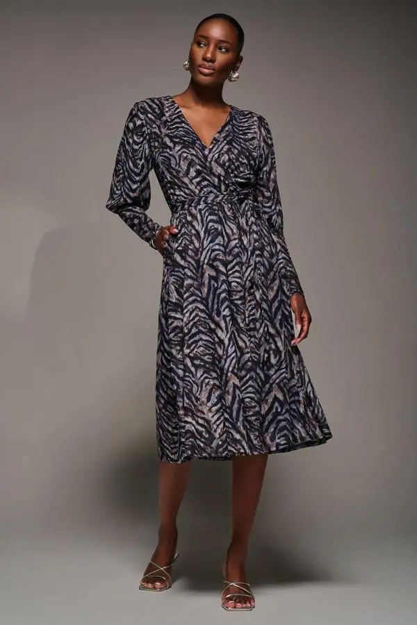 Mesh Long Puff Sleeve Wrap Midi Dress