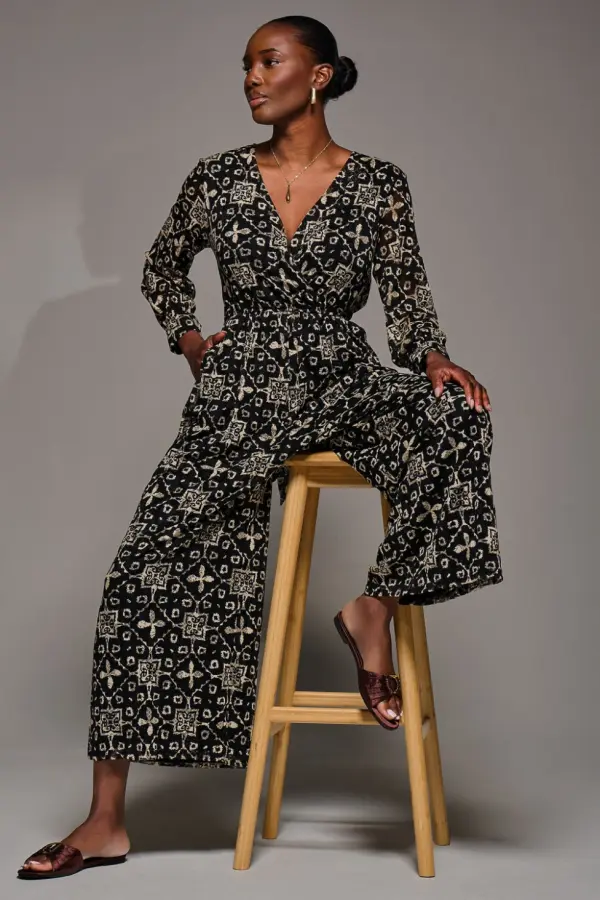Jolie Moi Women's Lace Wrap Tie Waist Long Sleeve Jumpsuit in Black 