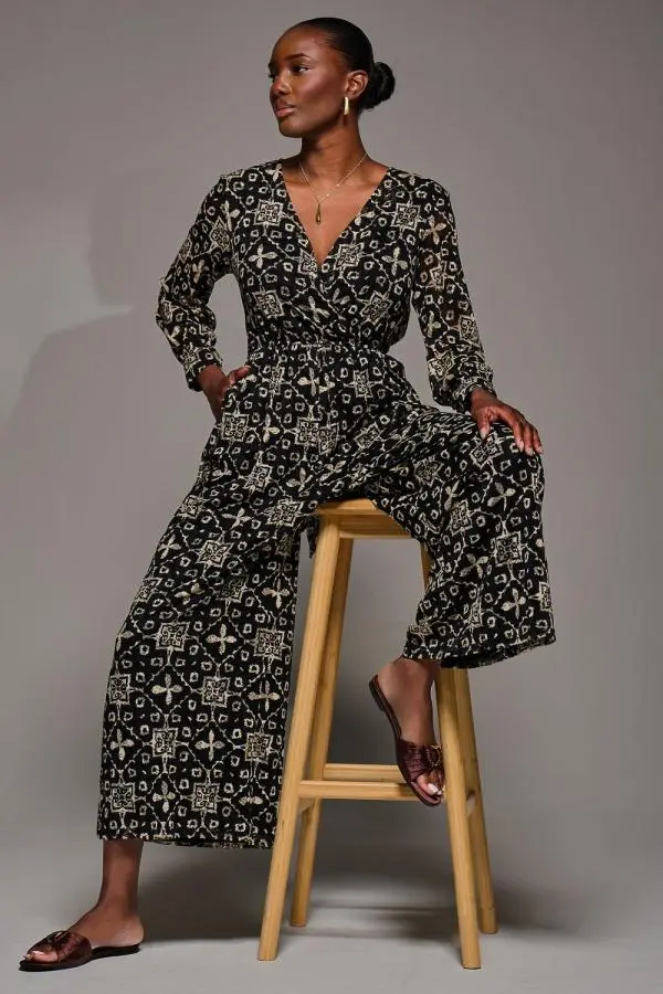 Jolie Moi Women's Lace Wrap Tie Waist Long Sleeve Jumpsuit in Black 