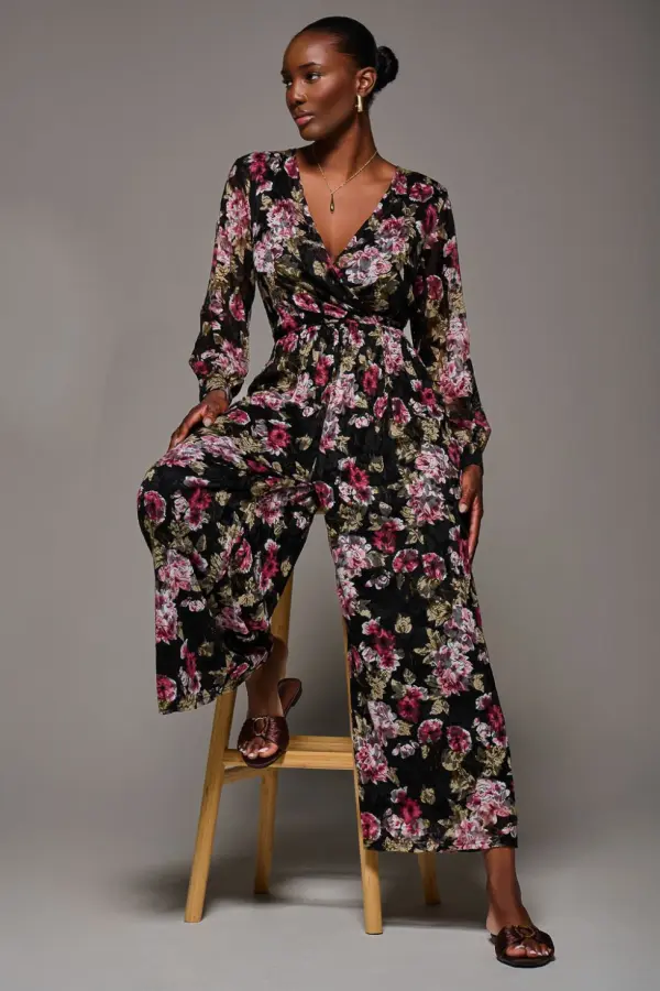 Jolie Moi Women's Lace Wrap Tie Waist Long Sleeve Jumpsuit in Pink 