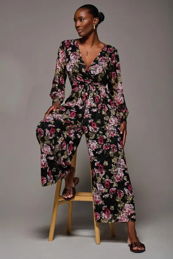 Jolie Moi Women's Lace Wrap Tie Waist Long Sleeve Jumpsuit in Pink 