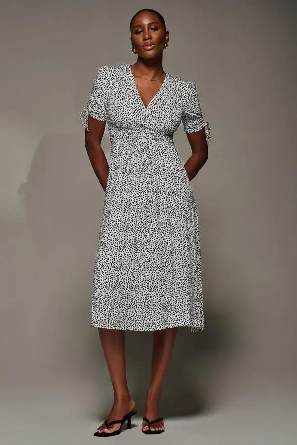 Jolie Moi Women's Jersey Tie Sleeve Wrap Front Midi Dress in White 