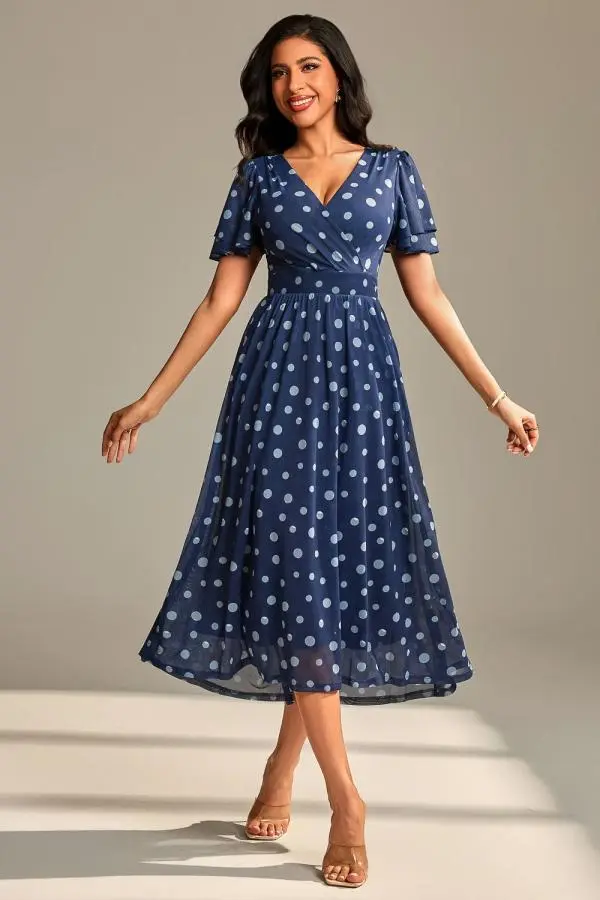 Jolie Moi Women's Flutter Sleeve Mesh Maxi Dress in Navy 