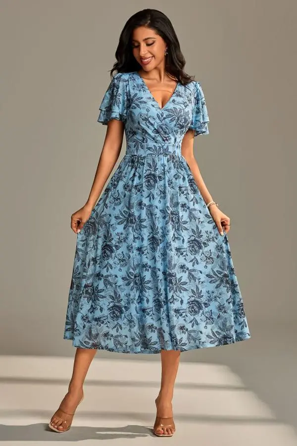 Jolie Moi Women's Flutter Sleeve Mesh Maxi Dress in Bright Blue 