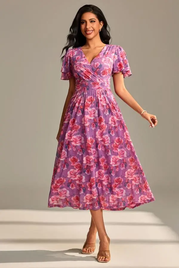 Jolie Moi Women's Flutter Sleeve Mesh Maxi Dress in Purple 