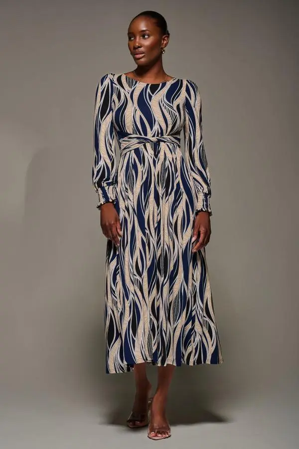 Jolie Moi Women's Jersey Belted Long Sleeve Maxi Dress in Navy 