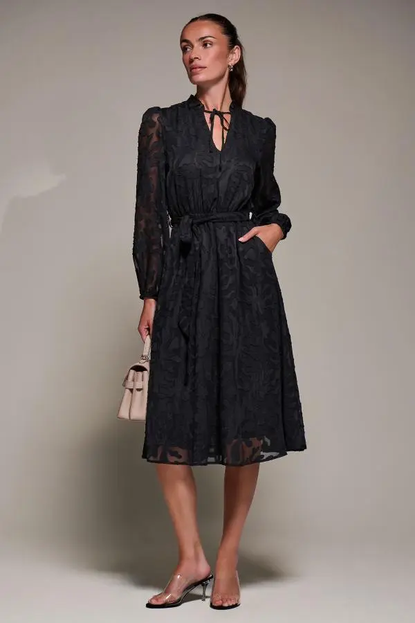 Jolie Moi Women's Tie Neck Chiffon Midi Dress in Black 