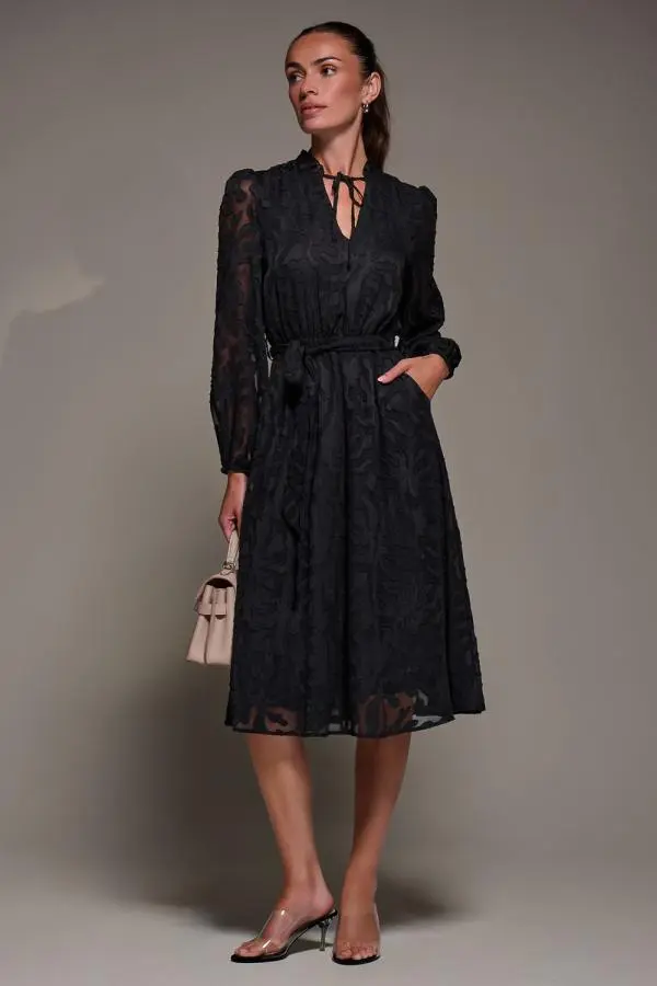 Jolie Moi Women's Tie Neck Chiffon Midi Dress in Black 