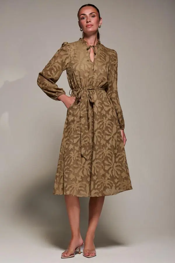 Jolie Moi Women's Tie Neck Chiffon Midi Dress in Brown 