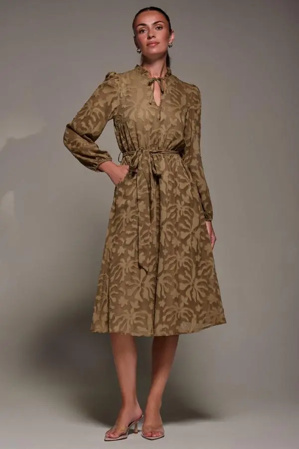 Jolie Moi Women's Tie Neck Chiffon Midi Dress in Brown 