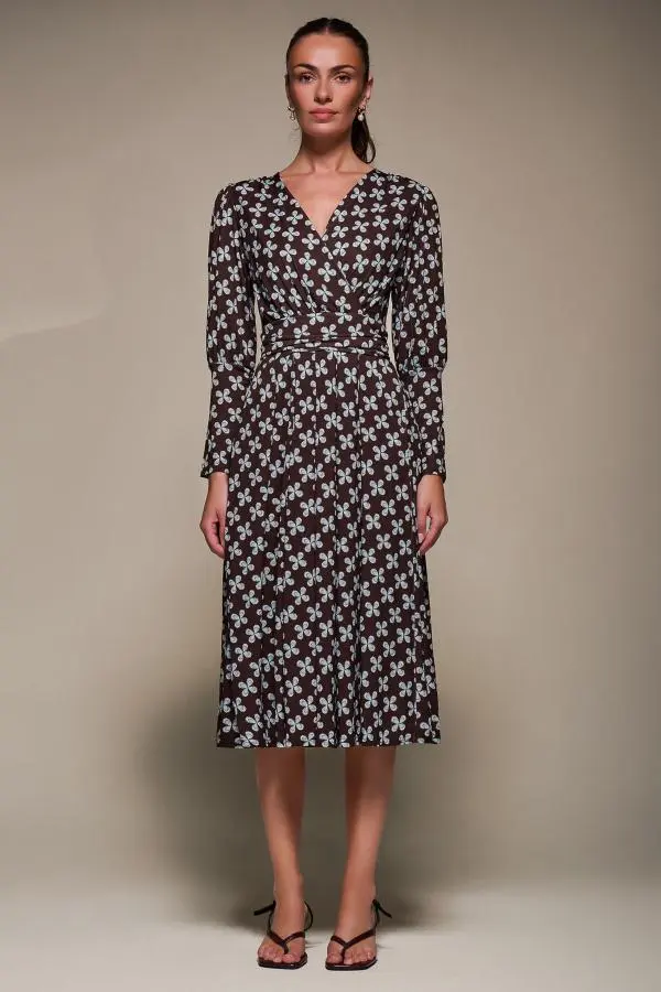 Jolie Moi Women's Puff Long Sleeve Jersey Midi Dress in Brown 