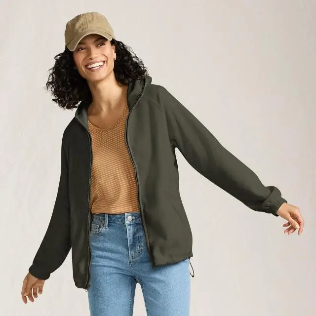 Lands' End Women's Anyweather Water Repellent Hooded Fleece Jacket in Dark Green 