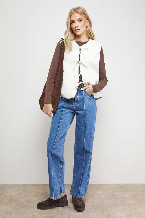 Faux Fur Gilet With Pu Binding
