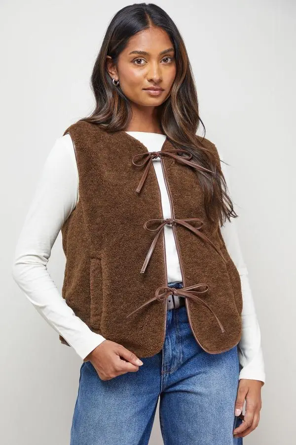 Faux Fur Gilet With Pu Binding
