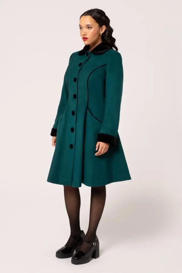 Hell Bunny Women's Harper Fitted Retro Style Black Velvet Piping Green Coat 