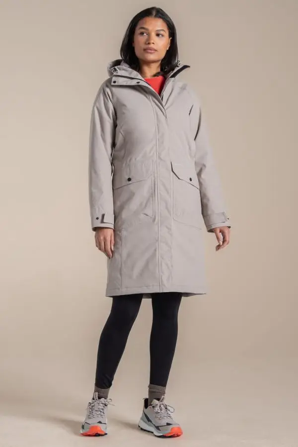 Craghoppers Women's Rosalind Longline Hooded Waterproof Breathable Padded Jacket in Light Beige 