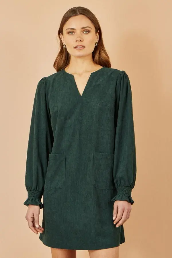 Yumi Women's Green Cord Tunic With Ruched Sleeve 