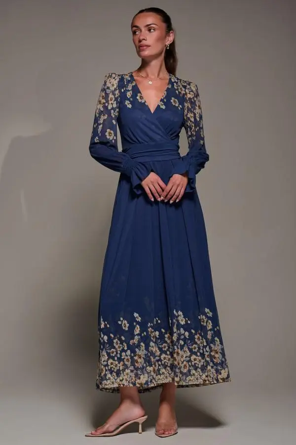 Jolie Moi Women's Mirrored Print Long Sleeve Mesh Maxi Dress in Navy | Size: 12