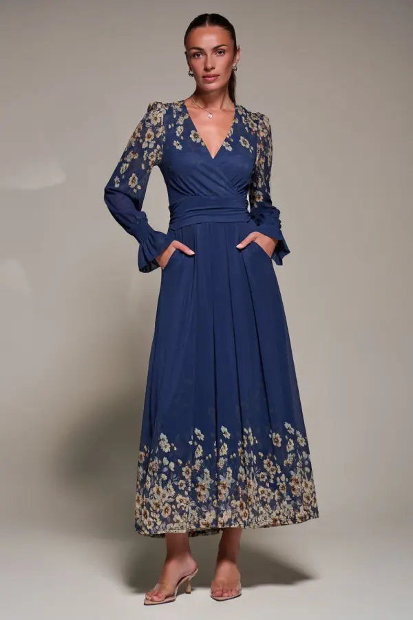 Jolie Moi Women's Mirrored Print Long Sleeve Mesh Maxi Dress in Navy 