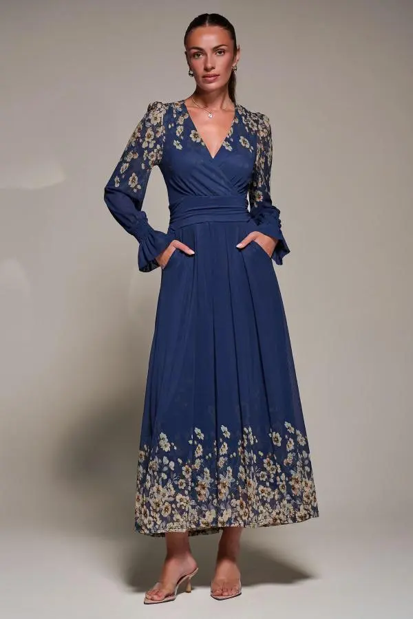 Jolie Moi Women's Mirrored Print Long Sleeve Mesh Maxi Dress in Navy 