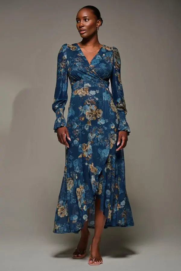 Jolie Moi Women's Long Sleeve Frill Hem Mesh Maxi Dress in Navy 