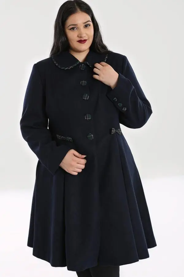 Hell Bunny Women's Tiddlywinks Fully Lined Green Tartan Coat Navy | Size: Small