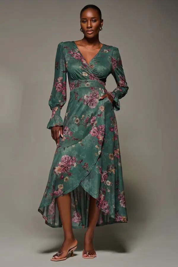 Jolie Moi Women's Long Sleeve Frill Hem Mesh Maxi Dress in Green 