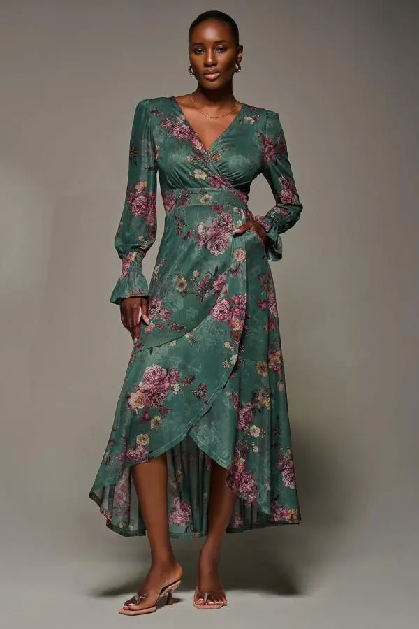 Jolie Moi Women's Long Sleeve Frill Hem Mesh Maxi Dress in Green 