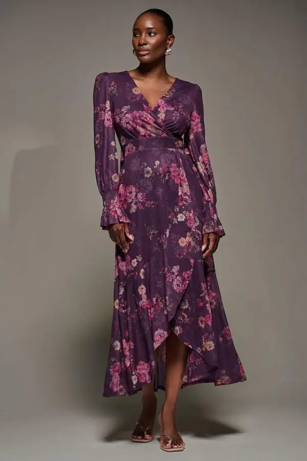 Jolie Moi Women's Long Sleeve Frill Hem Mesh Maxi Dress in Purple 