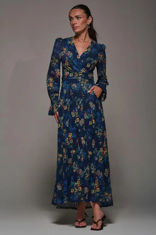 Jolie Moi Women's Long Sleeve Mesh Maxi Dress in Navy | Size: 10