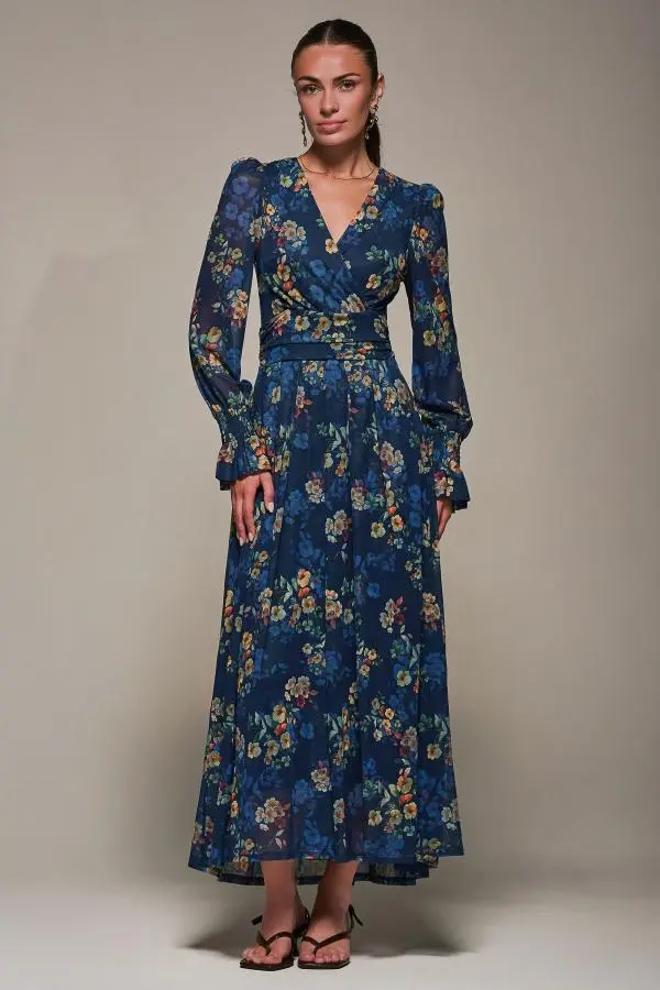Jolie Moi Women's Long Sleeve Mesh Maxi Dress in Navy 
