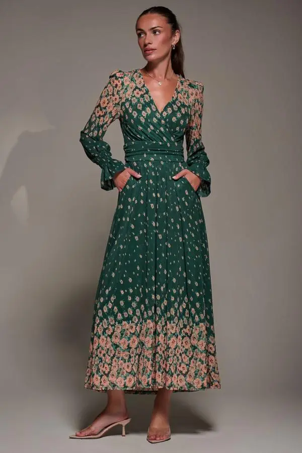 Jolie Moi Women's Mirrored Print Long Sleeve Mesh Maxi Dress in Green 