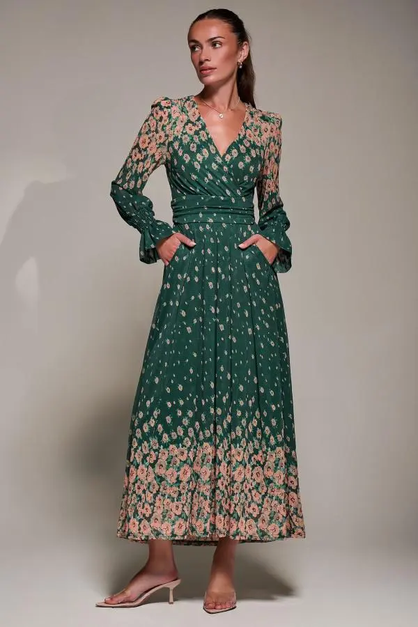 Jolie Moi Women's Mirrored Print Long Sleeve Mesh Maxi Dress in Green 