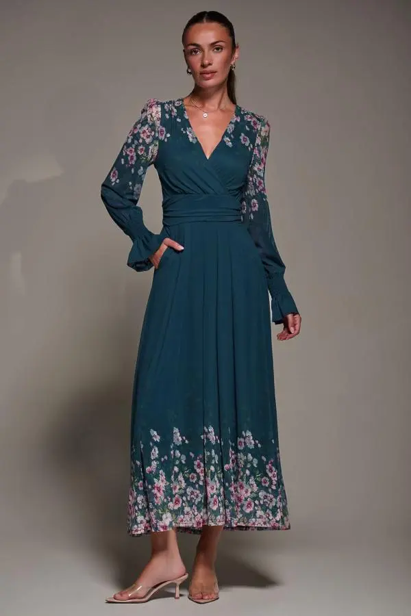 Jolie Moi Women's Mirrored Print Long Sleeve Mesh Maxi Dress in Teal | Size: 8