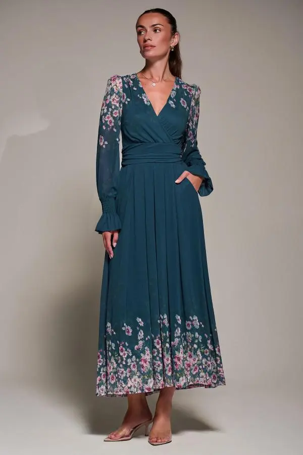 Jolie Moi Women's Mirrored Print Long Sleeve Mesh Maxi Dress in Teal 