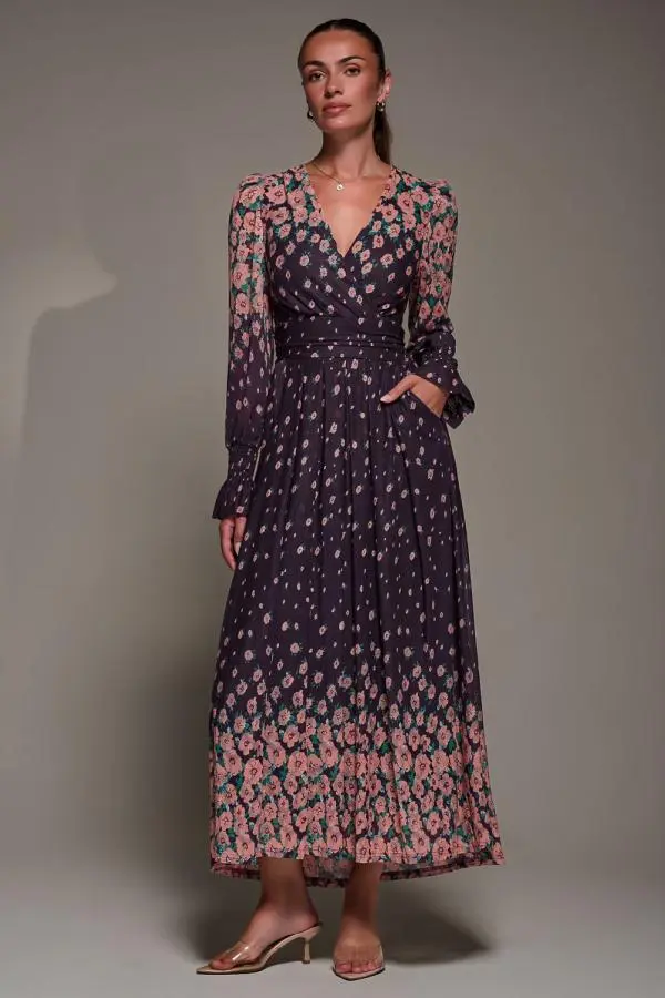 Jolie Moi Women's Mirrored Print Long Sleeve Mesh Maxi Dress in Purple | Size: 10